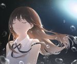  1girl bangs bare_shoulders black_neckwear black_ribbon breasts brown_hair closed_eyes collared_shirt commentary_request crying floating_hair highres light_frown long_hair medium_breasts moon neck_ribbon night night_sky original ribbon shangguan_feiying shirt sky sleeveless sleeveless_shirt solo sparkle star_(sky) tears upper_body water_drop white_shirt 