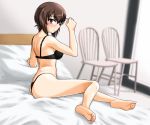  1girl back bangs barefoot bed black_bra black_panties blurry blurry_background blush bra breasts brown_eyes brown_hair chair closed_mouth commentary_request depth_of_field eyebrows_visible_through_hair feet from_side frown girls_und_panzer hand_in_hair highleg highleg_panties lace lace-trimmed_bra legs looking_at_viewer looking_back medium_breasts nishizumi_maho on_bed oosaka_kanagawa panties partial_commentary short_hair sitting soles solo studio thong thong_panties toe_scrunch toes underwear underwear_only 