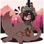 1:1 absurd_res anthro azalea_(wireless_shiba) beret big_breasts big_butt black_hair black_nose breasts brown_body butt butt_from_the_front clothing countershade_face countershading cuff_(restraint) eyeshadow felid feline female fingerless_gloves gloves hair hair_over_eye handcuffed handcuffs handwear hat headgear headwear hi_res makeup mammal messy_hair metal_cuffs one-piece_swimsuit pantherine red_eyes restraints solo swimwear tail thick_thighs wireless_shiba