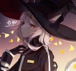  1girl absurdres arknights black_gloves black_headwear black_jacket blush chain chen_yan commentary_request dated gloves hat haze_(arknights) highres jacket long_sleeves parted_lips silver_hair solo translation_request witch_hat yellow_eyes 