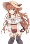  1girl alternate_costume bangs bare_shoulders belt black_choker black_legwear blue_eyes braid breasts brown_hair brown_shorts casual choker cleavage collarbone commentary_request crop_top eyebrows_visible_through_hair garter_straps granblue_fantasy hands_on_own_thighs hat hat_ribbon large_breasts leaning_forward lecia_(granblue_fantasy) long_braid long_hair long_sleeves looking_at_viewer midriff navel off-shoulder_shirt off_shoulder red_shorts ribbon shirt shiseki_hirame short_shorts shorts simple_background single_braid smile solo standing sun_hat thighhighs very_long_hair white_background white_shirt 
