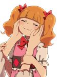  2girls aisaki_emiru bangs blunt_bangs blush bow brown_hair closed_eyes facing_viewer hair_bow hand_on_another&#039;s_cheek hand_on_another&#039;s_face hands hugtto!_precure multiple_girls nakkasu precure red_bow ruru_amour short_sleeves short_twintails simple_background smile twintails upper_body white_background 