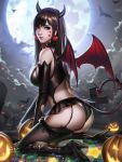  ass bangs bat breasts brown_hair candy closed_mouth d.va_(overwatch) demon_girl demon_horns demon_tail demon_wings earrings elbow_gloves facial_mark fake_horns fingerless_gloves food full_moon garter_straps gloves graveyard halloween headband heart heart_earrings high_heels highres horns jack-o&#039;-lantern jewelry kneeling large_breasts liang_xing lips looking_at_viewer looking_back microskirt moon night overwatch red_eyes skirt swept_bangs tail thighhighs tombstone whisker_markings wings 