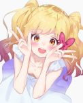  1girl :d aikatsu!_(series) aikatsu_stars! bangs bare_arms bare_shoulders blonde_hair blush bow breasts brown_eyes collarbone double_w downblouse dress dutch_angle eyebrows_visible_through_hair from_above gradient_hair grey_background hair_bow hands_up happy highres k_mugura long_hair looking_at_viewer looking_up multicolored_hair nijino_yume no_bra open_mouth pink_hair red_bow round_teeth simple_background sleeveless sleeveless_dress small_breasts smile solo sundress teeth twintails upper_teeth w wavy_hair white_dress 