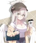  1girl absurdres alternate_costume angel bag black_hat blue_archive breasts brown_background cleavage closed_mouth commentary cup disposable_cup glasses hair_between_eyes handbag hat highres holding holding_cup jacket kurochomo large_breasts long_hair looking_at_viewer nagisa_(blue_archive) pink_nails round_eyewear shirt smile solo trinity_general_school_logo twitter_username two-tone_background upper_body white_background white_shirt yellow_eyes yellow_jacket 