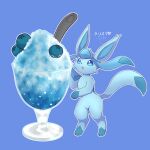  absurdres animal_focus artist_name blue_background blue_eyes blue_hair blue_theme blueberry cup dessert drinking_glass food food_focus fruit full_body glaceon highres ice kryztar long_hair looking_up no_humans open_mouth outline oversized_food pokemon pokemon_(creature) shaved_ice signature simple_background solo spoon standing twintails white_outline 
