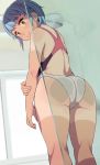  1girl against_glass ass ass_press bangs blue_hair competition_swimsuit eyebrows_visible_through_hair feet_out_of_frame from_behind highres kneepits looking_at_viewer looking_back neyuki_rei one-piece_swimsuit original shirt_tan short_hair shorts_tan shower_(place) smile solo swimsuit tan tanline yellow_eyes 