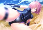  1girl armored_leotard ass_visible_through_thighs bare_shoulders black_gloves black_leotard breasts clenched_teeth commentary_request elbow_gloves fate/grand_order fate_(series) gloves hair_over_one_eye highres leotard looking_at_viewer mash_kyrielight medium_breasts motion_blur open_mouth pink_hair purple_eyes short_hair solo teeth thigh_strap thighs tomo_(user_hes4085) trefoil vambraces 