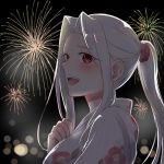  1girl :d fate/zero fate_(series) fireworks floating_hair floral_print flower from_side hair_flower hair_intakes hair_ornament highres irisviel_von_einzbern japanese_clothes khffetc kimono long_hair looking_at_viewer open_mouth outstretched_arm print_kimono red_eyes red_flower silver_hair smile solo striped upper_body vertical-striped_kimono vertical_stripes white_kimono 