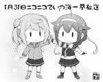  2girls ahoge blazer bow bowtie braid breasts chibi commentary_request donut_hair_bun dress fairy_(kancolle) greyscale hair_bun hair_flaps hair_over_shoulder headband highres jacket kantai_collection lineart long_hair medium_breasts michishio_(kancolle) michishio_kai_ni_(kancolle) monochrome multiple_girls pleated_dress school_uniform serafuku shigure_(kancolle) shigure_kai_ni_(kancolle) single_braid standing tenshin_amaguri_(inobeeto) translation_request twintails 