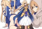  1girl alice_schuberg armor ass black_eyepatch blonde_hair blue_eyes bottomless bow braid breasts brown_footwear cloak commentary_request dress eyepatch floating_hair hair_bow hairband holding large_breasts long_hair looking_at_viewer multiple_views open_mouth ribbon shiseki_hirame shoes standing sword sword_art_online sword_art_online_alicization very_long_hair weapon white_bow white_hairband 
