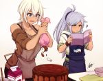  2girls ? airisubaka apron artist_name baking bangs bare_shoulders blue_apron blue_eyes book bra_strap breasts brown_sweater cake chocolate cleavage collarbone commentary dark_skin egg_carton english_commentary eyebrows_visible_through_hair failure food hair_between_eyes highres holding holding_book hood hood_down hoodie large_breasts lavender_hair long_hair milk_carton multiple_girls off_shoulder open_mouth original parted_bangs pastry_bag ponytail scrunchie shark_print short_hair signature standing surprised sweater white_background white_hair wristband yellow_eyes 