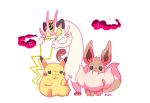  artist_name ban_(ban62460424) biting black_eyes cloud eevee fangs fat gen_1_pokemon gigantamax gigantamax_eevee gigantamax_meowth gigantamax_pikachu meowth no_humans no_pupils pikachu pokemon pokemon_(creature) pokemon_(game) pokemon_swsh simple_background sitting white_background yellow_sclera 