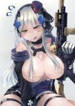  1girl assault_rifle bangs bare_shoulders beret blunt_bangs blush bra breasts cleavage damaged dress eyebrows_visible_through_hair facial_mark flying_sweatdrops girls_frontline gloves green_eyes gun h&amp;k_hk416 hair_ornament hair_ribbon hakua_mill hat headgear heckler_&amp;_koch highres hk416_(girls_frontline) holding holding_gun holding_weapon jacket large_breasts long_hair looking_at_viewer micro_bra military_jacket mini_hat mod3_(girls_frontline) open_clothes open_jacket purple_dress ribbon rifle silver_hair sitting skindentation skirt solo teardrop tearing_up torn_clothes underwear very_long_hair weapon white_bra 