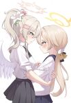  1girl absurdres angel_wings black_skirt blonde_hair blue_archive blush commentary grey_hair halo hifumi_(blue_archive) highres hug jacket kurochomo looking_at_another nagisa_(blue_archive) ponytail school_uniform shirt skirt white_background white_jacket white_shirt wings yellow_eyes yuri 