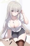  1girl absurdres alternate_costume black_skirt blue_archive breasts cleavage commentary from_above grey_hair halo highres kurochomo large_breasts looking_at_viewer office_lady on_table paper purple_eyes sakurako_(blue_archive) shirt sitting skirt smile solo table thighs white_background white_shirt zettai_ryouiki 