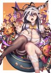  1girl antenna_hair bandage_over_one_eye bandaged_arm bandaged_head bandaged_leg bandages black_gloves black_hair bow bowtie breasts brown_legwear candy cleavage danua draph fingerless_gloves food gloves granblue_fantasy gretel_(granblue_fantasy) hair_between_eyes halloween hansel_(granblue_fantasy) highres horn_ornament horns jack-o&#039;-lantern large_breasts long_hair looking_at_viewer oopartz_yang open_mouth panties pantyhose pointy_ears pot purple_hair purple_nails red_eyes scythe single_glove skindentation solo star underwear white_panties yellow_bow yellow_neckwear 