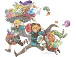  1boy 1girl ami_thompson apple blonde_hair blue_eyes carrying fish food fruit grapes hair_ornament hairclip link meat plate pointy_ears princess_zelda running severed_head short_hair simple_background smile the_legend_of_zelda the_legend_of_zelda:_breath_of_the_wild the_legend_of_zelda:_breath_of_the_wild_2 white_background 