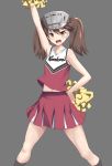  1girl alternate_costume arm_up armpits brown_eyes brown_hair cheering cheerleader clothes_writing collarbone crop_top feet_out_of_frame flat_chest grey_background kantai_collection midriff_peek miniskirt moroheiya_(user_harz4842) navel pleated_skirt pom_poms red_shirt red_skirt ryuujou_(kantai_collection) shirt simple_background skirt sleeveless sleeveless_shirt solo twintails visor_cap 