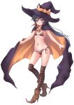  1girl absurdres asashio_(kantai_collection) bikini black_bikini black_cape black_hair black_legwear blue_eyes boots cape flat_chest full_body halloween halloween_costume hat high_heel_boots high_heels highres kantai_collection long_hair makura_(user_jpmm5733) multicolored multicolored_bikini multicolored_cape multicolored_clothes navel orange_bikini orange_cape orange_legwear side-tie_bikini solo standing striped striped_bikini striped_legwear striped_swimsuit swimsuit thighhighs transparent_background witch_hat 