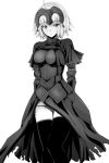  1girl ahoge arms_behind_back blush capelet fate/grand_order fate_(series) greyscale hair_between_eyes headpiece jeanne_d&#039;arc_(alter)_(fate) jeanne_d&#039;arc_(fate)_(all) looking_at_viewer monochrome panties rikudou_inuhiko short_hair side-tie_panties solo thighhighs thighs underwear white_background 
