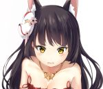  animal_ears azur_lane bare_shoulders black_hair blush breasts collarbone eyebrows_visible_through_hair flower fox_ears fox_mask hair_flower hair_ornament highres jewelry long_hair looking_at_viewer mask mask_on_head messy_hair nagato_(azur_lane) necklace open_mouth ponyaru simple_background sleepwear strap_slip white_background yellow_eyes 