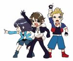 1girl 2boys arm_ribbon arm_up belt black_eyes black_footwear black_hair black_jacket black_pants blonde_hair blue_footwear blue_jacket blue_pants boots bright_pupils brown_belt brown_hair chibi chibi_only commentary_request cropped_jacket detached_sleeves facing_to_the_side final_fantasy final_fantasy_viii full_body fur-trimmed_jacket fur_trim hair_slicked_back jacket long_hair lowres medu_(rubish) multicolored_jacket multiple_belts multiple_boys open_clothes open_jacket open_mouth pants pointing pointing_to_the_side pointing_up red_footwear red_jacket ribbon rinoa_heartilly scar scar_on_face serious shirt short_hair simple_background sleeveless_duster sleeves_rolled_up squall_leonhart v-neck waist_cape white_background white_belt white_fur white_shirt zell_dincht 