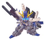  beam_rifle blue_eyes chibi clenched_hand energy_gun fazz_(gundam) full_armor_zz_gundam glowing glowing_eyes gun gundam gundam_sentinel gundam_zz hashtag-only_commentary highres holding holding_gun holding_weapon looking_at_viewer mecha mecha_focus mobile_suit no_humans robot science_fiction sd_gundam simple_background solo susagane v-fin weapon white_background zz_gundam 