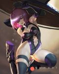  1girl armor armored_dress bare_shoulders breasts david_semsei fate/grand_order fate_(series) gloves hair_over_one_eye high_heels highres holding_shield large_breasts mash_kyrielight navel open_mouth parted_lips purple_eyes purple_gloves purple_hair shield short_hair thighhighs thighs 