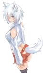  1girl adapted_costume animal_ears black_legwear breasts brown_eyes buttons casual inubashiri_momiji looking_at_viewer midriff sape_(saperon_black) shorts shoulders silver_hair solo tail tail_slit_clothes thighhighs touhou wolf_ears wolf_girl wolf_tail 