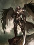  1other armor black_wings cloud cloudy_sky feathered_wings gauntlets glaive greaves grey_sky hand_on_hip helmet holding holding_weapon kyoung_hwan_kim medium_hair original outdoors pauldrons rock silver_hair sky solo standing torn_clothes weapon wings 