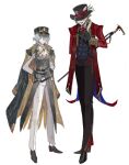  2boys aha_(honkai:_star_rail) akivili_(honkai:_star_rail) arm_behind_back arms_behind_back ascot belt black_belt black_coat black_footwear black_gloves black_hat black_pants blonde_hair blue_vest bow bowtie brooch cane card coat coat_on_shoulders collared_shirt commentary covered_face english_commentary full_body gloves grey_hair grey_vest hair_between_eyes hand_on_own_chest hat hat_ornament hat_over_one_eye highres holding holding_cane honkai:_star_rail honkai_(series) jacket jewelry long_hair looking_at_viewer low_ponytail male_focus mask medium_hair monk_shoes multiple_boys oxfords pants peaked_cap personification playing_card playing_card_hat_ornament pocket_watch ponytail red_bow red_bowtie red_jacket saffiarts shirt simple_background sleeve_cuffs smile socks stole tailcoat top_hat vest waist_cape watch white_ascot white_background white_pants white_shirt white_socks yellow_coat yellow_eyes 