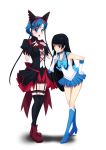  2girls :o artist_request bad_link bangs bishoujo_senshi_sailor_moon black_bow black_hair black_legwear black_skirt blue_bow blue_eyes blue_footwear blue_hair blue_skirt blunt_bangs boots bow breasts bridal_gauntlets cosplay costume_switch crossover drawfag elbow_gloves flat_chest full_body garter_straps gate_-_jieitai_ka_no_chi_nite_kaku_tatakaeri gloves hair_bow hair_ornament hand_on_hip highres index_finger_raised knee_boots magical_girl medium_breasts mizuno_ami multiple_girls namesake puffy_short_sleeves puffy_sleeves red_eyes red_footwear red_ribbon ribbon rory_mercury rory_mercury_(cosplay) sailor_mercury sailor_mercury_(cosplay) sailor_senshi sailor_senshi_uniform school_uniform serafuku short_sleeves skirt sleeveless standing transparent_background white_gloves x_hair_ornament 