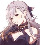  1girl azur_lane bangle bangs bare_shoulders belfast_(azur_lane) belfast_(the_noble_attendant)_(azur_lane) black_gloves black_ribbon bracelet braid breasts chain cleavage dress elbow_gloves evening_gown eyebrows_visible_through_hair french_braid gloves hair_ribbon hand_on_own_chin head_tilt highres jewelry looking_at_viewer purple_eyes pursed_lips ribbon saibe sidelocks silver_hair smile solo 