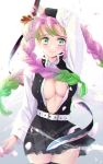  1girl arm_up black_jacket black_legwear black_skirt blurry_foreground breasts cherry_blossoms cleavage closed_mouth collared_shirt cowboy_shot dress_shirt floating_hair gradient_hair green_eyes green_hair highres holding holding_sword holding_weapon jacket kanroji_mitsuri kimetsu_no_yaiba large_breasts long_hair long_sleeves looking_at_viewer miniskirt mole mole_under_eye multicolored_hair open_clothes open_jacket open_shirt pink_hair pleated_skirt shirt skirt sleeveless sleeveless_jacket smile solo sparkle standing sword thighhighs unbuttoned unbuttoned_shirt user_epjt2888 very_long_hair weapon white_shirt wing_collar zettai_ryouiki 