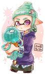  1girl beanie bike_shorts black_shorts black_skirt closed_mouth collared_shirt commentary cowboy_shot dated domino_mask drawstring green_hair green_headwear harutarou_(orion_3boshi) hat highres holding hood hoodie inkling jellyfish_(splatoon) light_frown logo long_sleeves looking_at_viewer mask medium_hair miniskirt notice_lines outline paint_splatter pointy_ears purple_eyes purple_shirt shirt shorts shorts_under_skirt single_horizontal_stripe skirt solo splatoon_(series) splatoon_2 standing striped striped_shirt tentacle_hair white_outline 