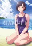  1girl barefoot braid breasts brown_eyes closed_mouth cloud cloudy_sky kanata_no_astra large_breasts mole mole_under_mouth new_school_swimsuit ocean official_art sample school_swimsuit sky smile swimsuit water watermark yunhua_lu 