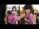  3girls beppu_mitsunaka black_hair boxing_gloves boxing_ring brown_hair commentary_request crossed_arms eating fate/grand_order fate_(series) ganesha_(fate) highres jinako_carigiri letterboxed long_hair low_twintails multiple_girls osakabe-hime_(fate/grand_order) punching_bag purple_hair saint_martha saint_martha_(swimsuit_ruler)_(fate) tank_top training twintails wavy_mouth 