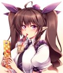  1girl ahoge bangs beige_background black_neckwear blush breasts brown_hair bubble_tea bubble_tea_challenge cellphone checkered commentary_request cup disposable_cup drinking_straw eyebrows_visible_through_hair frilled_shirt_collar frills gradient gradient_background hair_between_eyes hair_ribbon hat himekaidou_hatate holding holding_phone large_breasts long_hair looking_at_viewer necktie phone pointy_ears puffy_short_sleeves puffy_sleeves purple_eyes purple_ribbon ribbon shirt short_sleeves signature solo tokin_hat touhou twintails upper_body white_background white_shirt windart wing_collar 