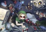  1boy bed bird black_socks blonde_hair bow_(weapon) character_doll chicken commentary controller cucco deku_shield english_commentary fairy full_body game_console green_hat green_tunic happy_mask_salesman hat holding holding_controller indian_style indoors instrument j-stein licking_lips link lon_lon_milk majora_(entity) male_focus mask minifridge moon_(zelda) night nintendo_64 nintendo_64_controller ocarina pillow playing_games pointy_ears red_eyes rupee_(zelda) shield short_hair sitting socks sword the_legend_of_zelda the_legend_of_zelda:_majora&#039;s_mask tongue tongue_out tunic weapon young_link 