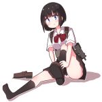  1girl ac130 adjusting_clothes adjusting_legwear backpack bag bangs black_hair black_legwear black_skirt blue_eyes blush bow brown_footwear kneehighs looking_at_viewer original panties pantyshot pantyshot_(sitting) red_bow school_uniform shirt shoe_removed shoes short_hair simple_background sitting skirt underwear white_background white_panties white_shirt 