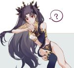  1girl ? asymmetrical_legwear asymmetrical_sleeves black_bow black_hair black_ribbon blush bow breasts bridal_gauntlets closed_mouth commentary_request crown csyko earrings elbow_gloves eyebrows_visible_through_hair fate/grand_order fate_(series) gloves hair_bow hair_ornament hair_ribbon hoop_earrings ishtar_(fate/grand_order) jewelry long_hair looking_at_viewer red_eyes ribbon simple_background small_breasts solo toosaka_rin twintails very_long_hair 