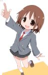  1girl :d absurdres arm_up blush brown_eyes brown_footwear brown_hair collared_shirt cynical_(llcbluckg_c004) full_body grey_jacket highres index_finger_raised jacket kill_me_baby long_sleeves looking_at_viewer miniskirt necktie open_mouth oribe_yasuna pleated_skirt red_necktie school_uniform shirt shoes short_hair simple_background skirt smile socks solo standing standing_on_one_leg white_background white_shirt white_socks 
