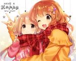  &gt;:) 2girls :3 ;3 ;d \m/ blonde_hair blue21 blush bow brown_eyes capelet closed_mouth english_text eyebrows_visible_through_hair futaba_anzu hair_ornament happy_new_year idolmaster idolmaster_cinderella_girls large_bow light_brown_hair long_hair long_sleeves looking_at_viewer moroboshi_kirari multiple_girls new_year one_eye_closed open_mouth pink_sweater plaid pose smile star star_hair_ornament star_print sweater upper_body v white_background 