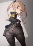  1girl :3 armband ass bangs belt black_belt black_bow black_gloves black_jacket black_legwear black_scarf black_skirt blush bow breasts brown_hair cameltoe closed_mouth cowboy_shot donedone fingerless_gloves flashing from_behind girls_frontline gloves hair_between_eyes hair_bow hair_ornament hairclip highres hood hood_down hooded_jacket jacket lifted_by_self long_hair long_sleeves looking_at_viewer looking_back miniskirt open_clothes open_jacket paid_reward panties panties_under_pantyhose pantyhose patreon_reward pleated_skirt scar scar_across_eye scarf scarf_on_head shirt sidelocks skirt skirt_lift small_breasts smile solo standing thighband_pantyhose twintails ump9_(girls_frontline) underwear upskirt white_shirt yellow_eyes 