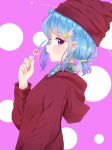  1girl aikatsu!_(series) aikatsu_friends! bangs beanie blue_hair blue_shirt brown_headwear brown_hoodie candy collared_shirt eyebrows_visible_through_hair food gradient_hair hair_ornament hat highres holding holding_food holding_lollipop hood hood_down hoodie k_mugura lollipop low_twintails minato_mio multicolored_hair pink_background plaid plaid_shirt profile purple_eyes purple_hair shirt short_twintails solo star star_hair_ornament twintails two-tone_background upper_body white_background 