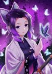  1girl :d black_hair bug butterfly butterfly_hair_ornament gradient_hair hair_intakes hair_ornament haori highres insect jacket japanese_clothes kimetsu_no_yaiba kochou_shinobu long_sleeves medium_hair missyouone1812 multicolored_hair open_mouth purple_butterfly purple_eyes purple_hair purple_jacket smile solo sword upper_body weapon white_butterfly 