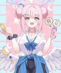  1girl angel_wings black_skirt blue_archive breasts cellphone character_request chibi chibi_inset cleavage double_bun gyaru hair_bun halo highres holding holding_phone huge_breasts kurochomo looking_at_viewer mika_(blue_archive) phone pink_hair see-through_clothes shirt skirt smartphone smile solo straight-on upper_body white_shirt wings 