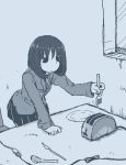  1girl black_eyes black_skirt blue_theme feet_out_of_frame fork hamsterfragment holding holding_fork indoors knife leaning_forward long_sleeves medium_hair monochrome original plate pleated_skirt skirt solo spoon standing suicide toaster window 