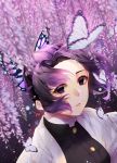  1girl black_jacket bug butterfly butterfly_hair_ornament floating_hair flower gradient_hair hair_ornament haori highres hisuririi insect jacket japanese_clothes kimetsu_no_yaiba kochou_shinobu looking_at_viewer multicolored_hair parted_lips purple_eyes purple_flower purple_hair short_hair solo upper_body white_butterfly wisteria 